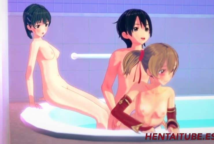 SAO Sword Art Online 3d Kirito se folla a Asuna y Suguha en el baño